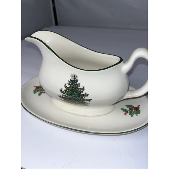 Cuthbertson Original Christmas Tree Wide Green Band Gravy Boat With Plate VNT - Picture 8 of 8